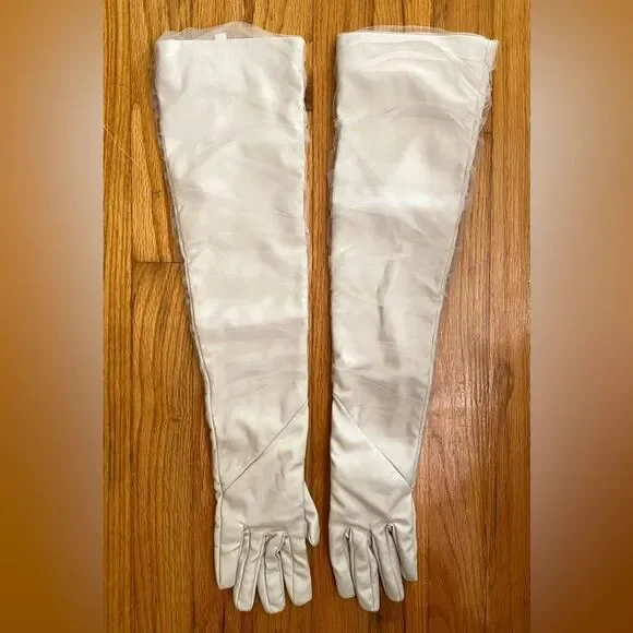 LaMarque Marilyn faux leather tulle gloves bone cream elbow length Revolve